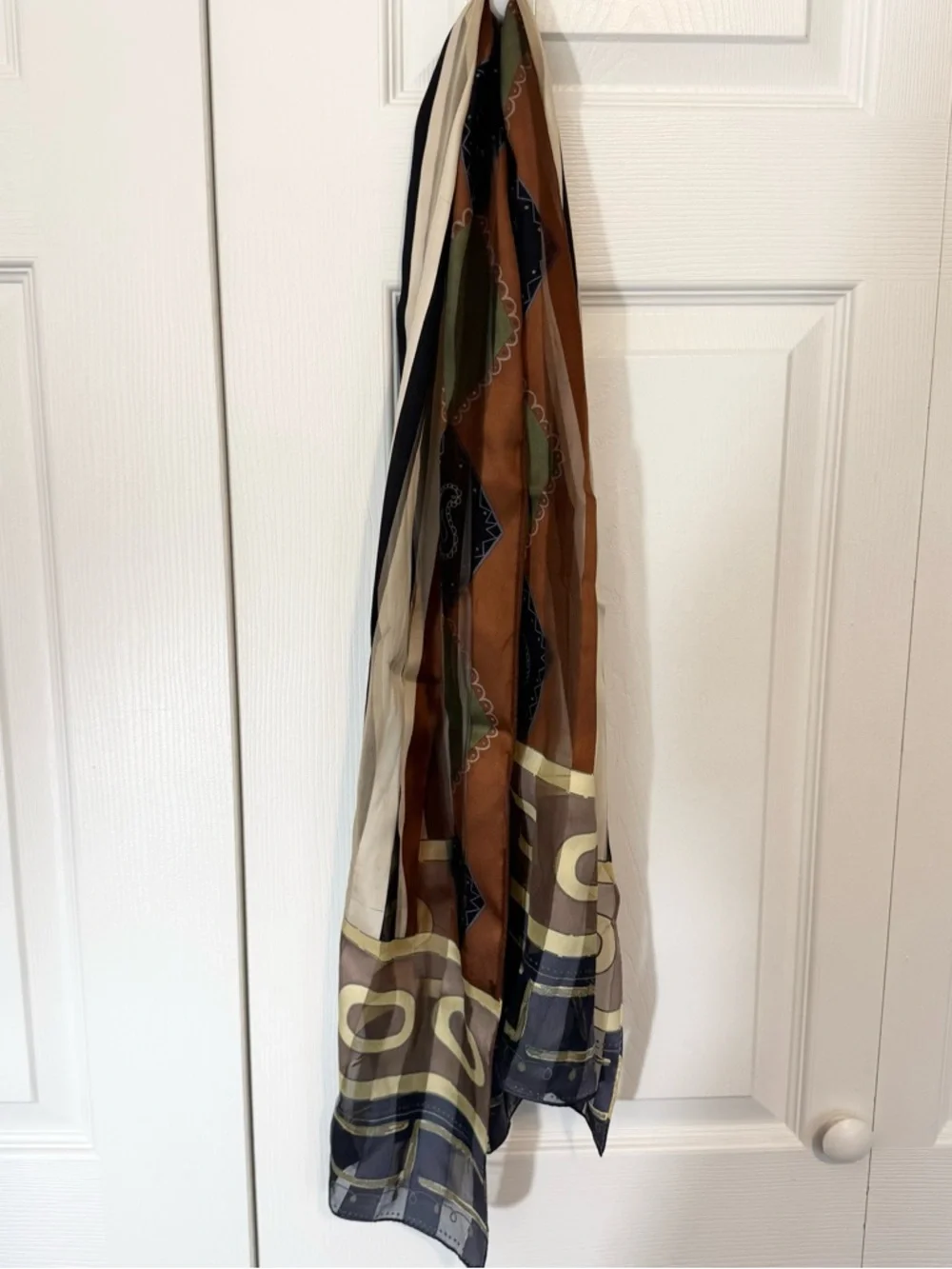 Vintage ECHO Silk Geometric & Stripe Scarf in Brown, Olive, Cream, Navy